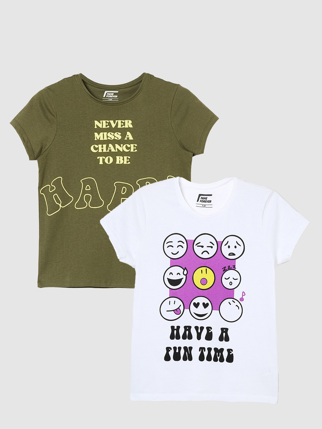 

Fame Forever by Lifestyle Girls Pack Of 2 Printed Pure Cotton T-Shirts, Olive