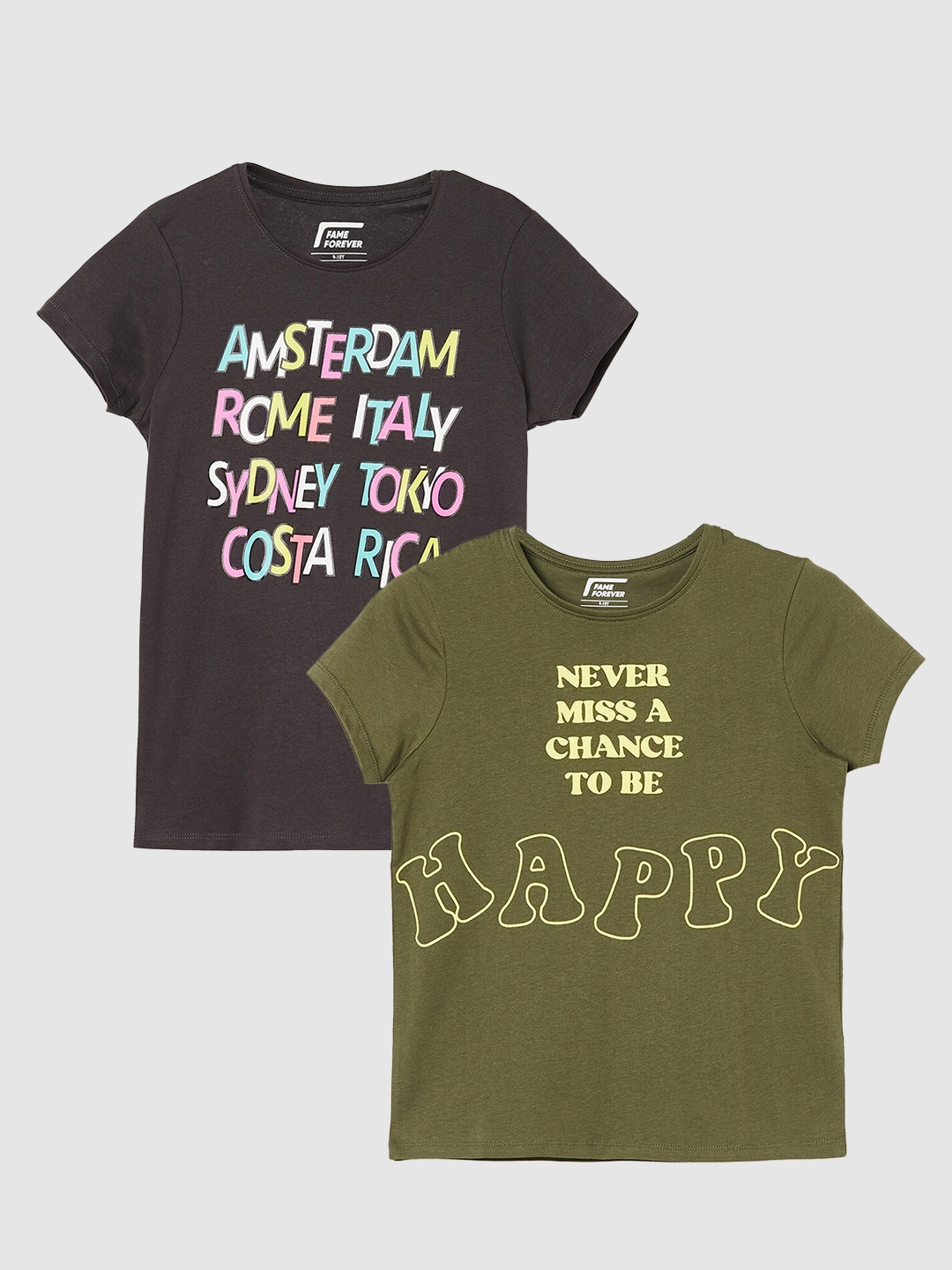 

Fame Forever by Lifestyle Girls Pack Of 2 Printed Cotton T-Shirts, Charcoal