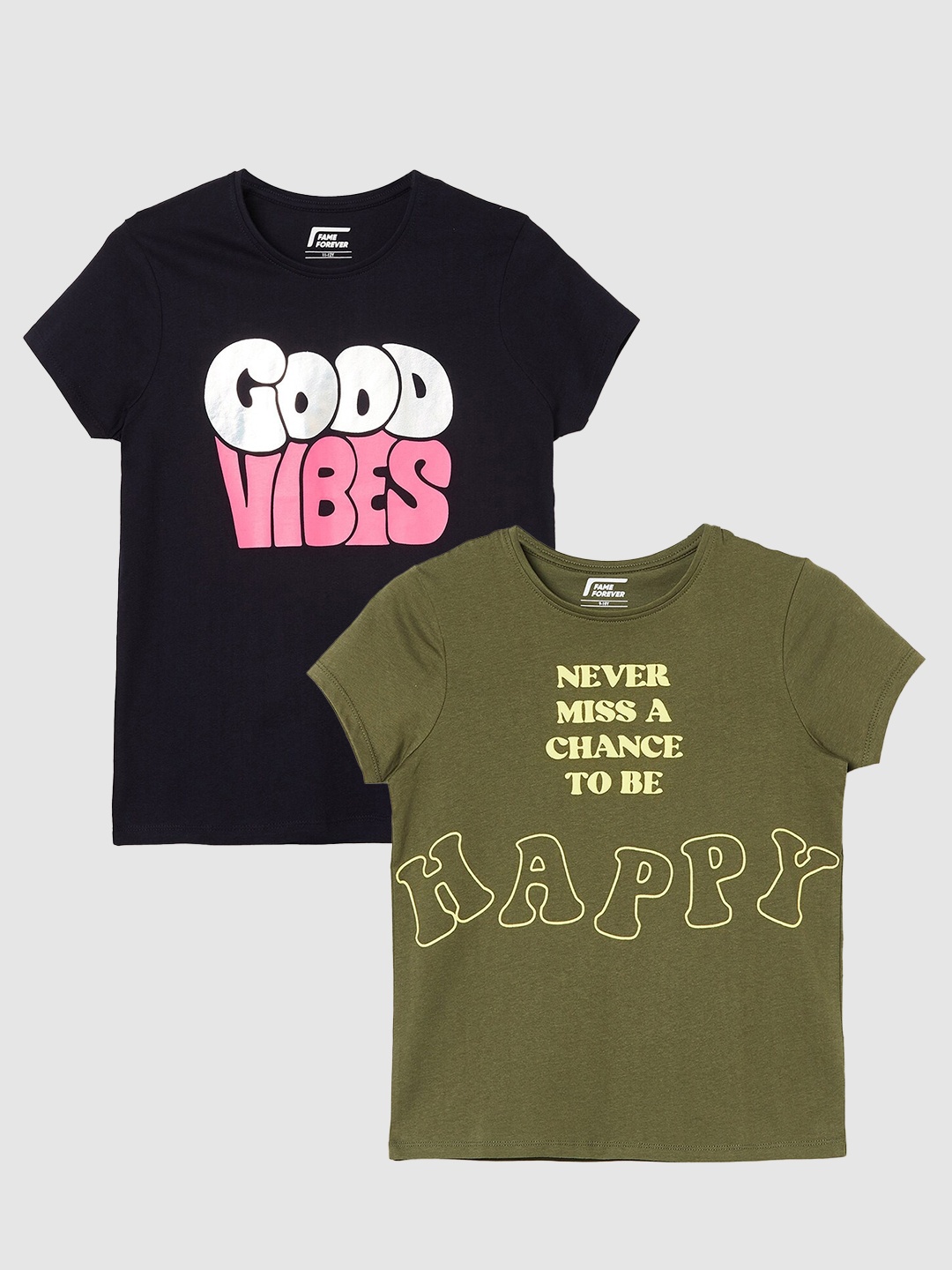 

Fame Forever by Lifestyle Girls Pack Of 2 Printed Pure Cotton T-Shirts, Black
