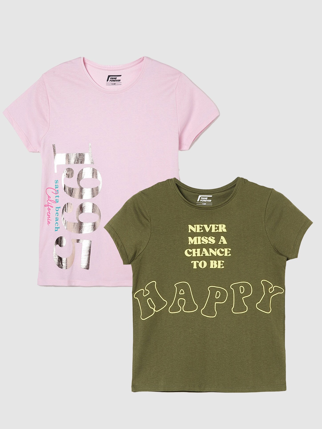 

Fame Forever by Lifestyle Girls Pack Of 2 Printed Cotton T-Shirts, Pink
