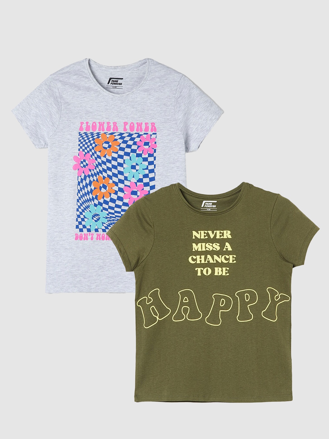 

Fame Forever by Lifestyle Girls Pack Of 2 Printed Pure Cotton T-Shirts, Grey