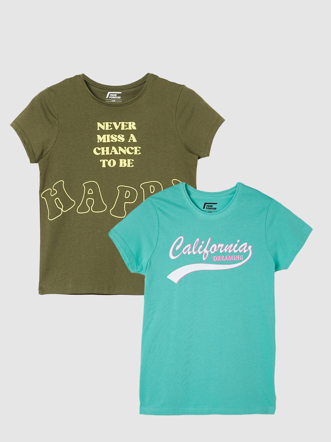 

Fame Forever by Lifestyle Girls Pack Of 2 Printed Pure Cotton T-Shirts, Olive