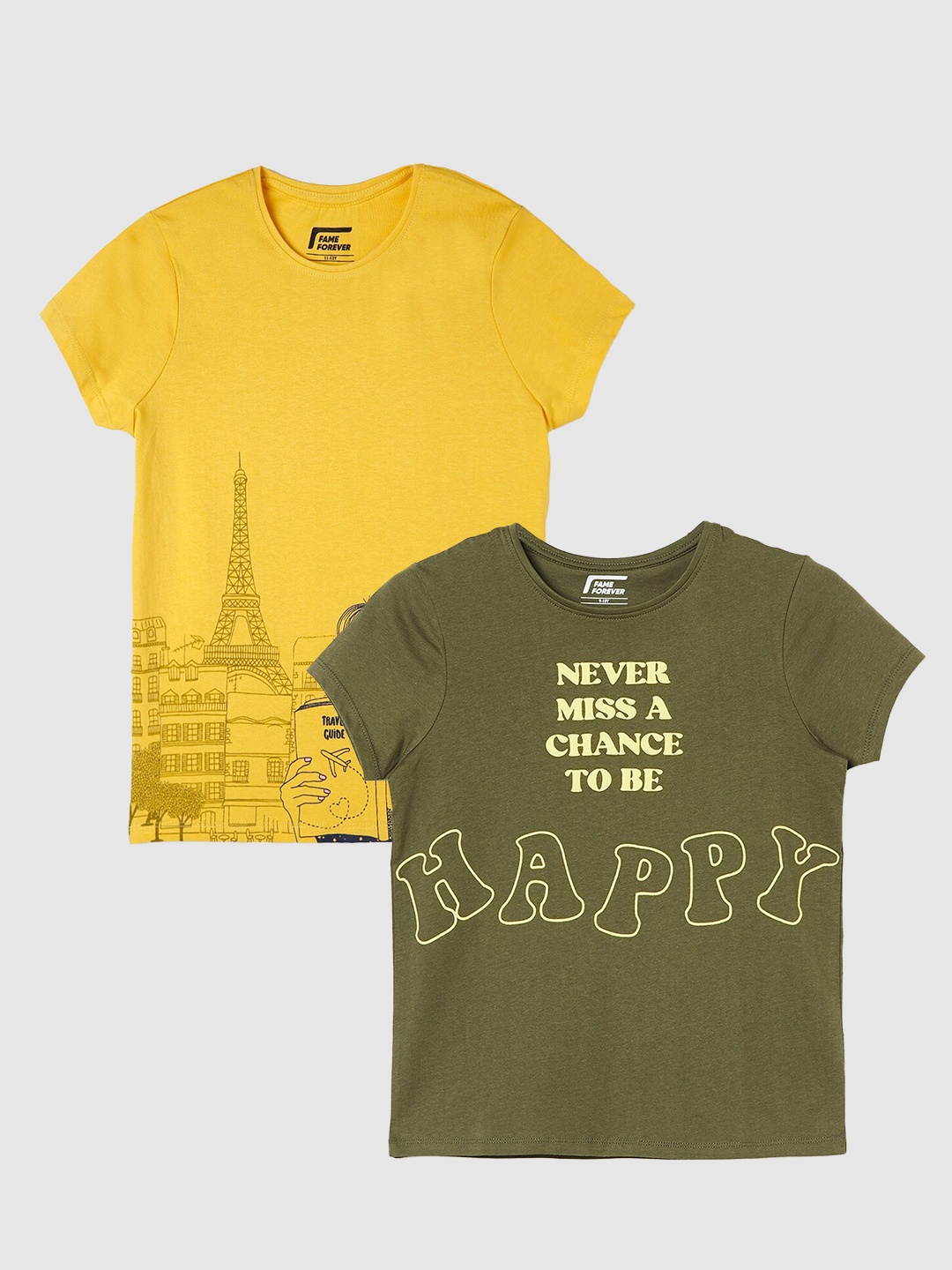 

Fame Forever by Lifestyle Girls Pack Of 2 Printed Pure Cotton T-Shirts, Yellow