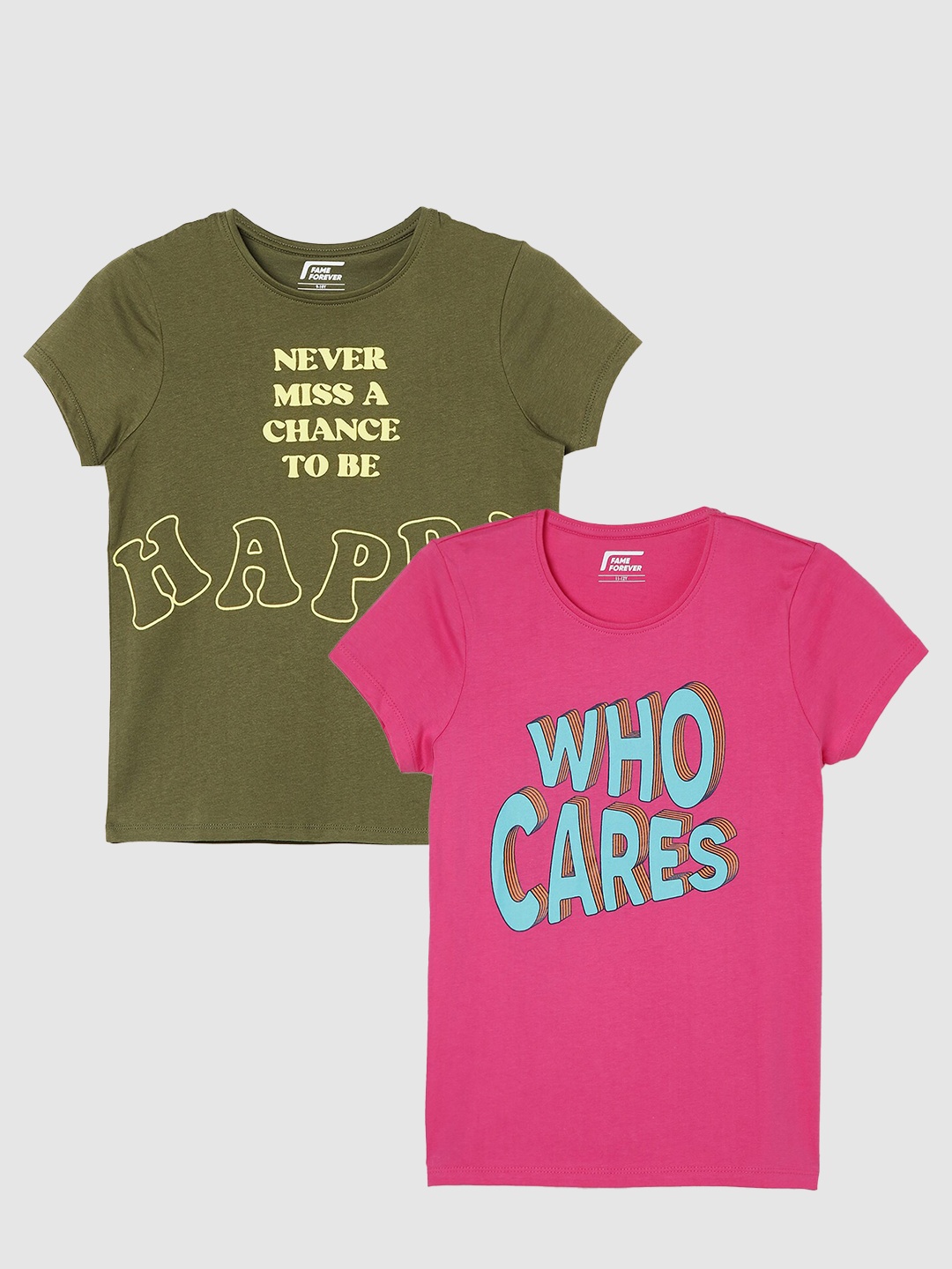 

Fame Forever by Lifestyle Girls Pack Of 2 Printed Cotton T-Shirts, Olive
