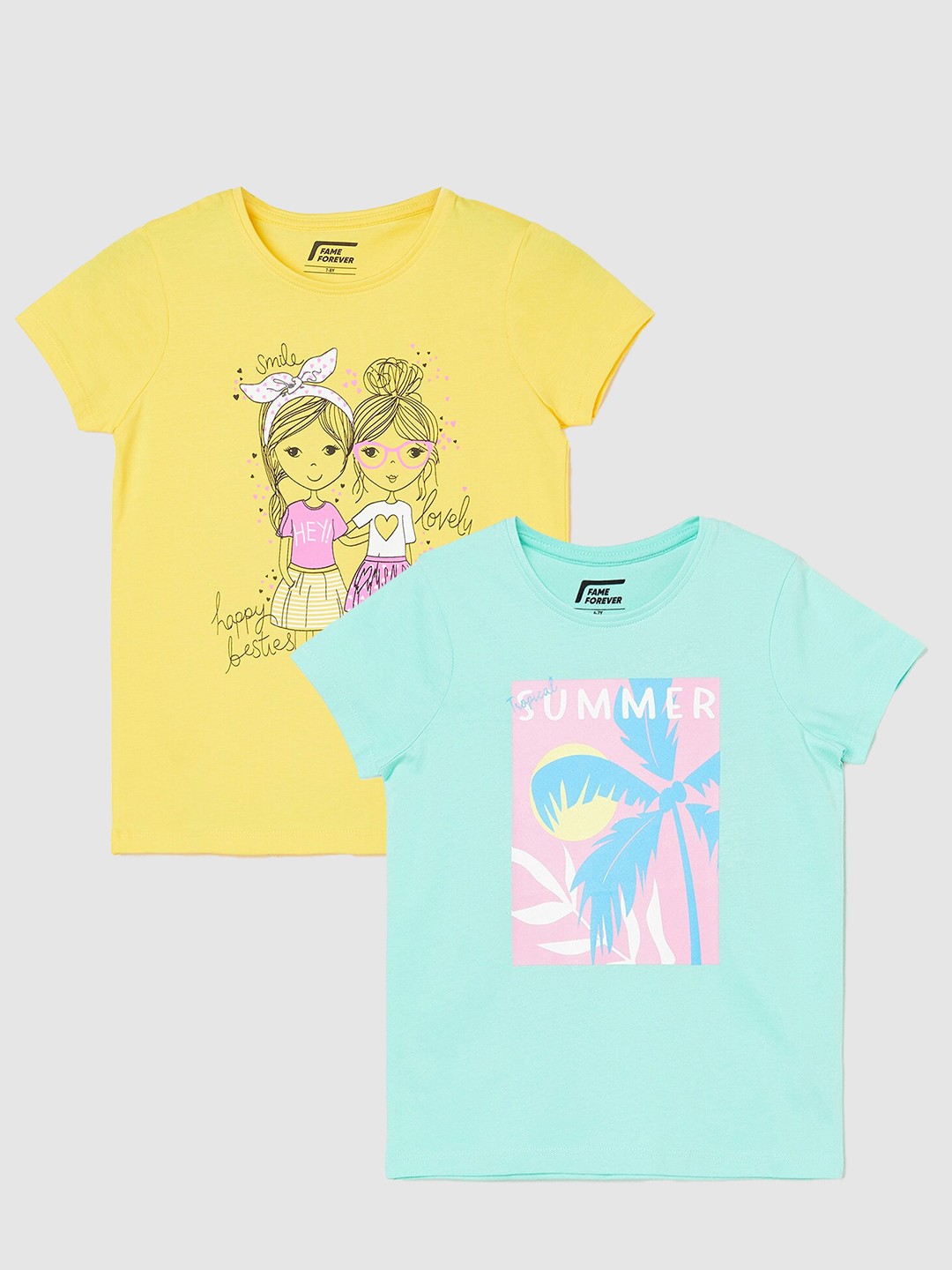 

Fame Forever by Lifestyle Girls Pack Of 2 Printed Pure Cotton T-Shirts, Yellow