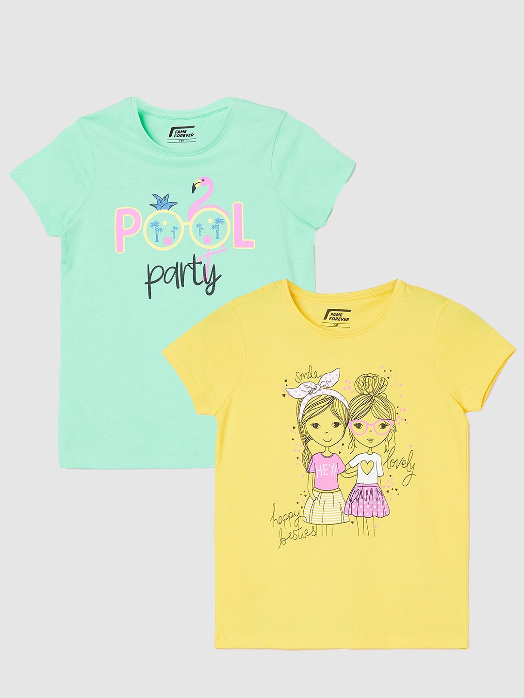 

Fame Forever by Lifestyle Girls Pack Of 2 Printed Pure Cotton T-Shirts, Sea green