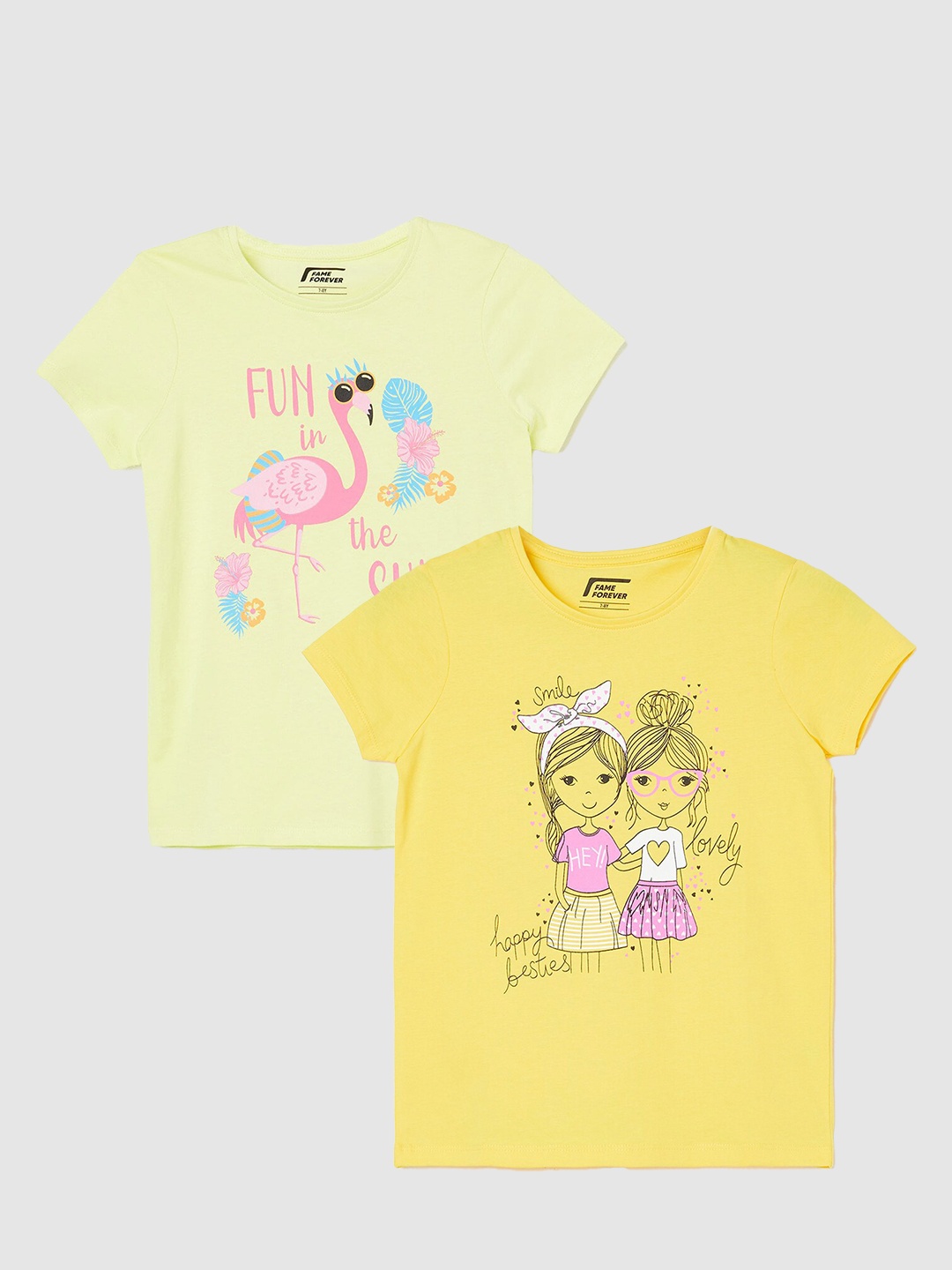 

Fame Forever by Lifestyle Girls Pack Of 2 Printed Pure Cotton T-Shirts, Yellow