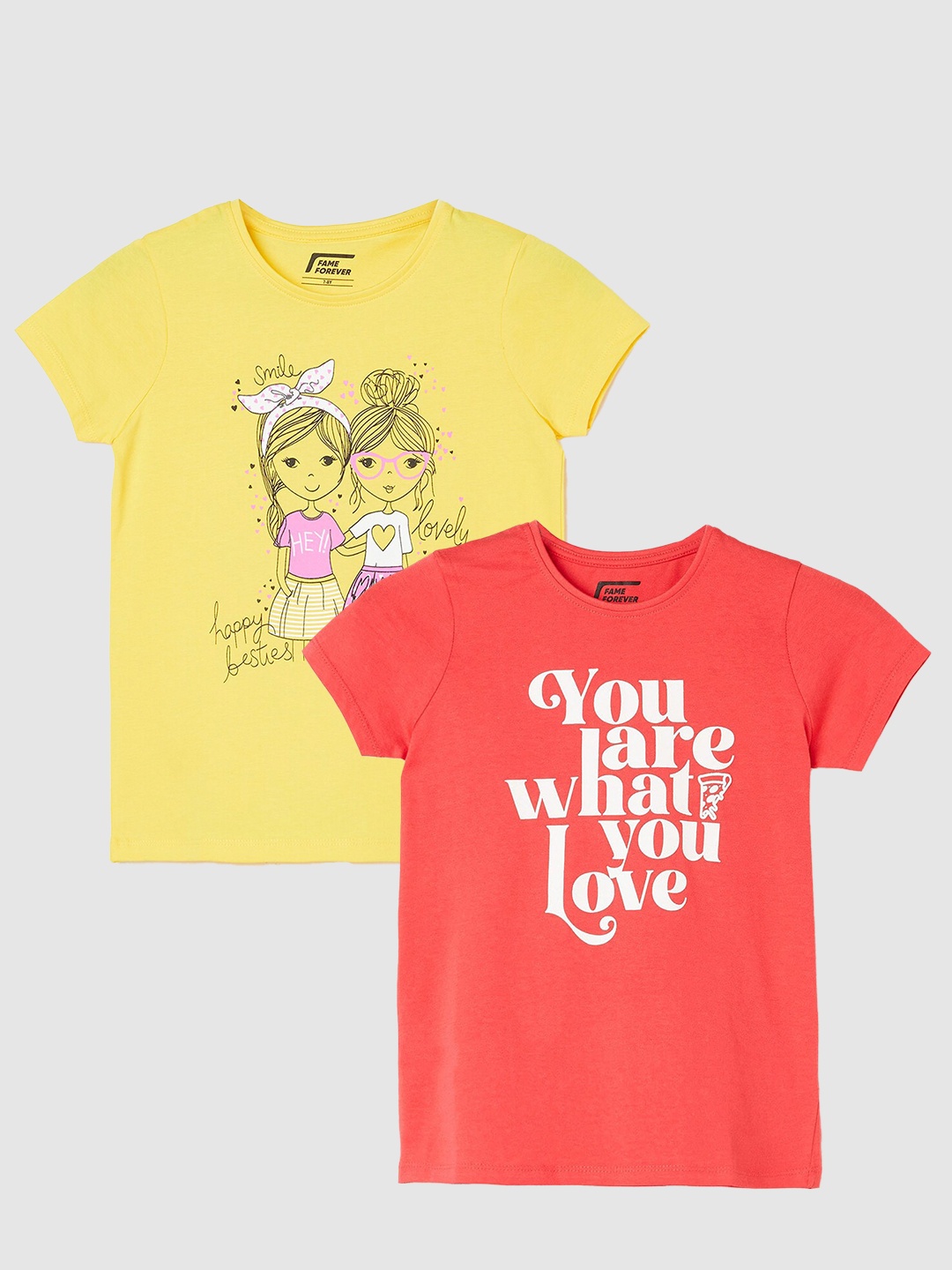 

Fame Forever by Lifestyle Girls Pack Of 2 Printed Cotton T-Shirts, Yellow