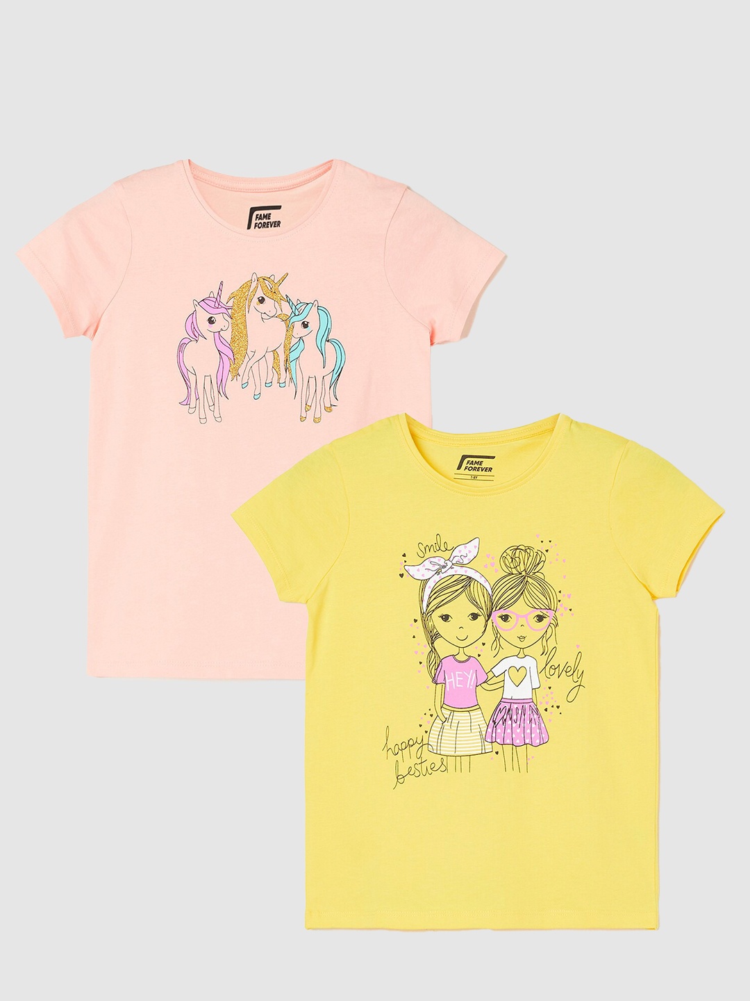 

Fame Forever by Lifestyle Girls Pack Of 2 Printed Cotton T-Shirts, Peach