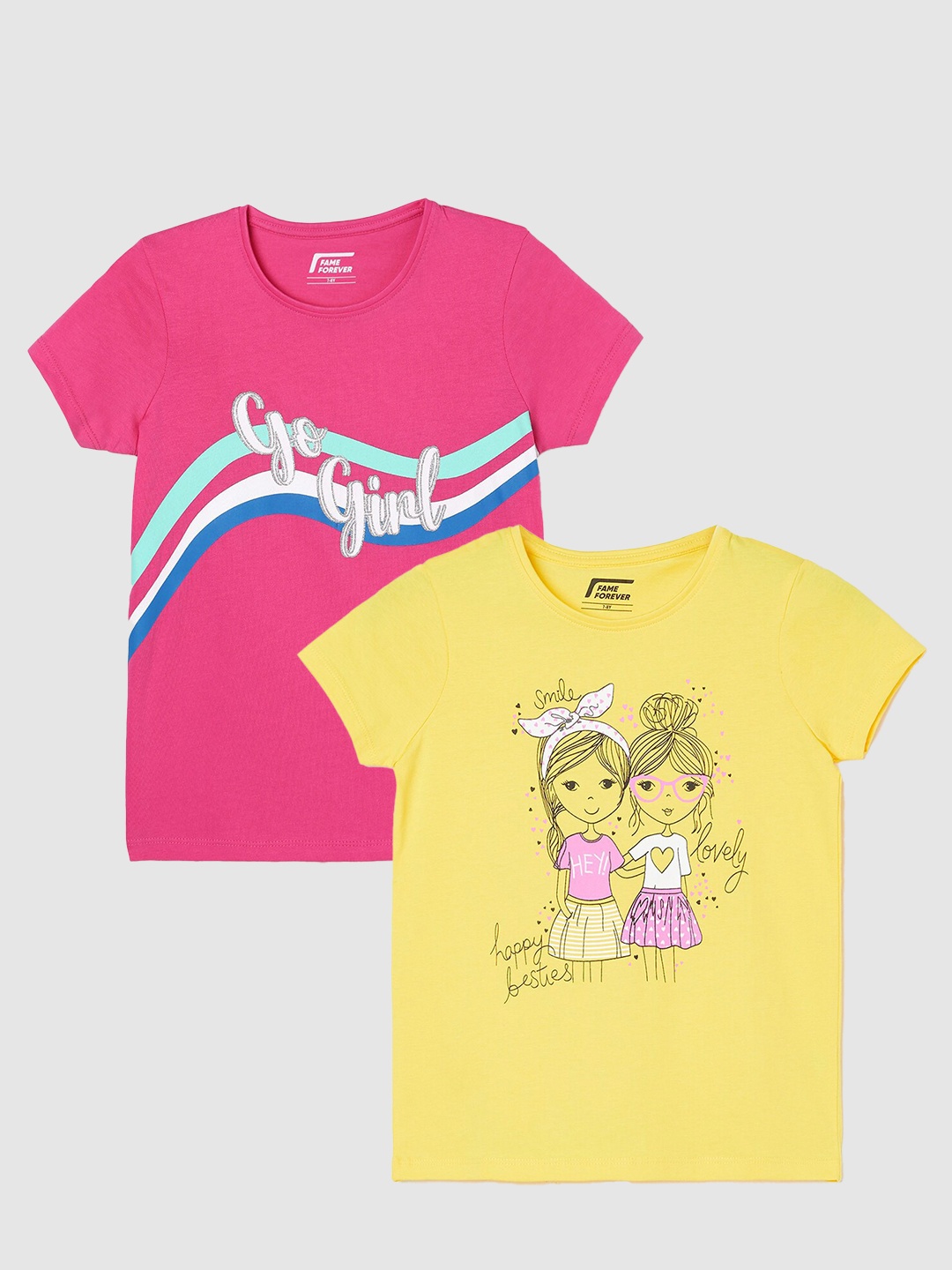 

Fame Forever by Lifestyle Girls Pack Of 2 Printed Cotton T-Shirts, Pink