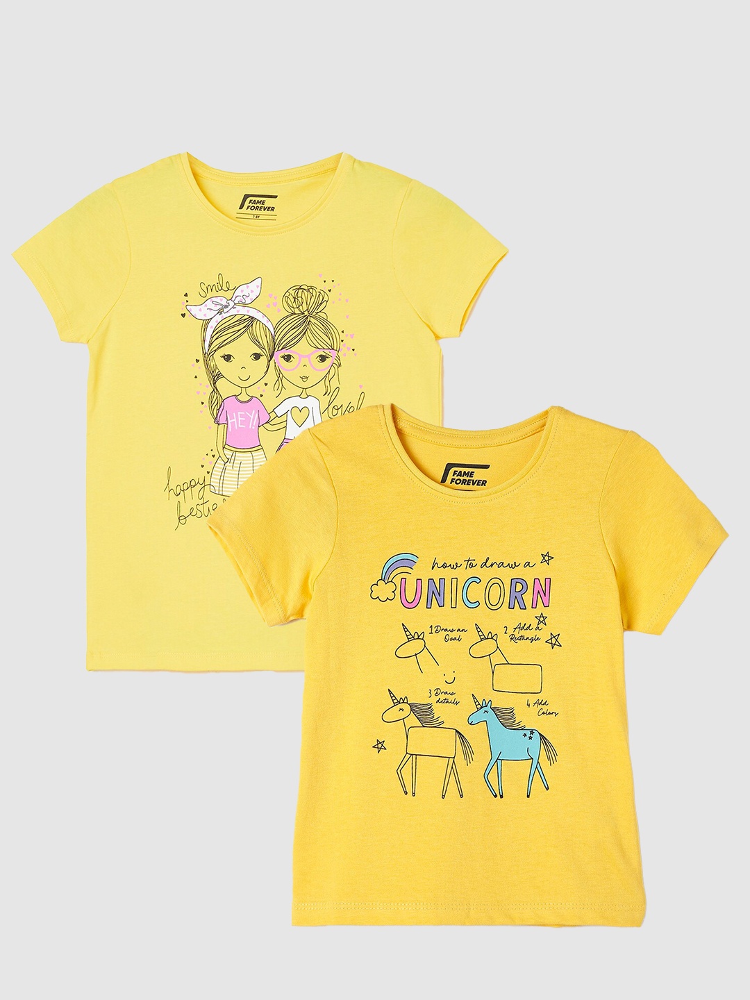 

Fame Forever by Lifestyle Girls Pack Of 2 Printed Cotton T-Shirts, Yellow