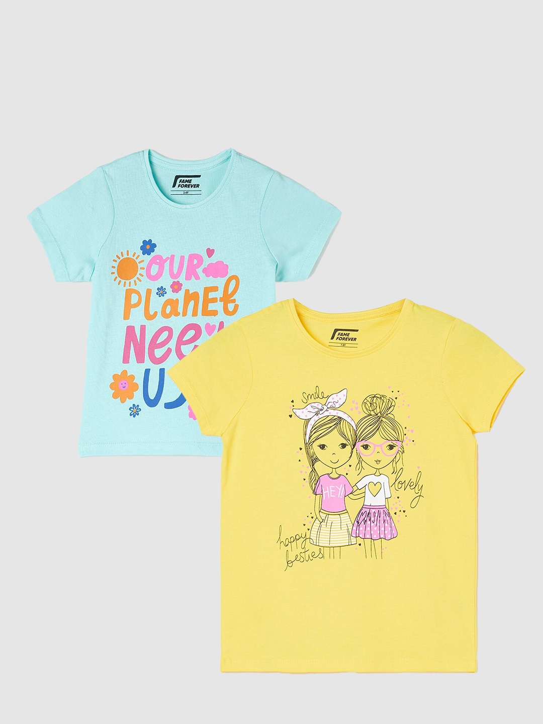 

Fame Forever by Lifestyle Girls Pack Of 2 Printed Cotton T-Shirts, Sea green