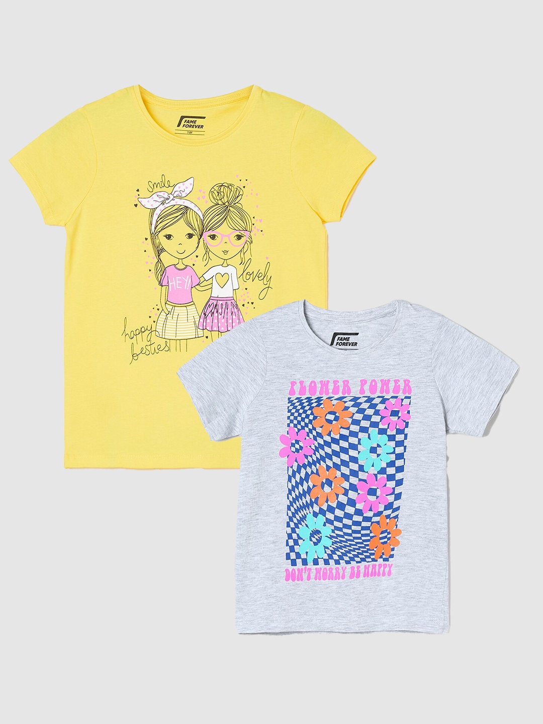 

Fame Forever by Lifestyle Girls Pack Of 2 Printed Cotton T-Shirts, Yellow