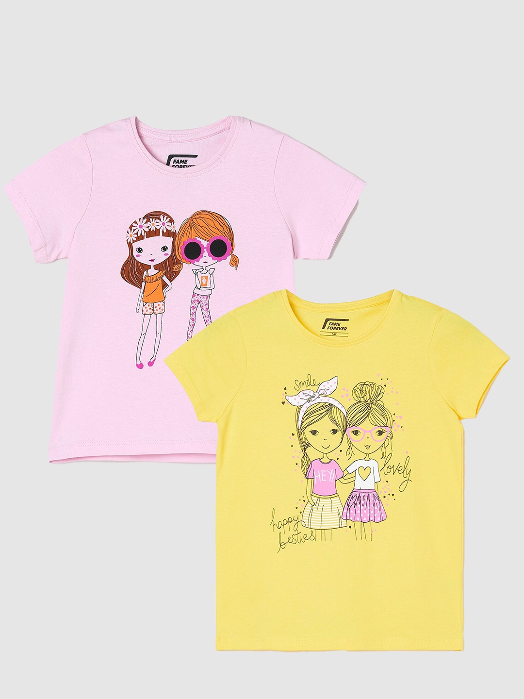

Fame Forever by Lifestyle Girls Pack Of 2 Printed Cotton T-Shirts, Pink