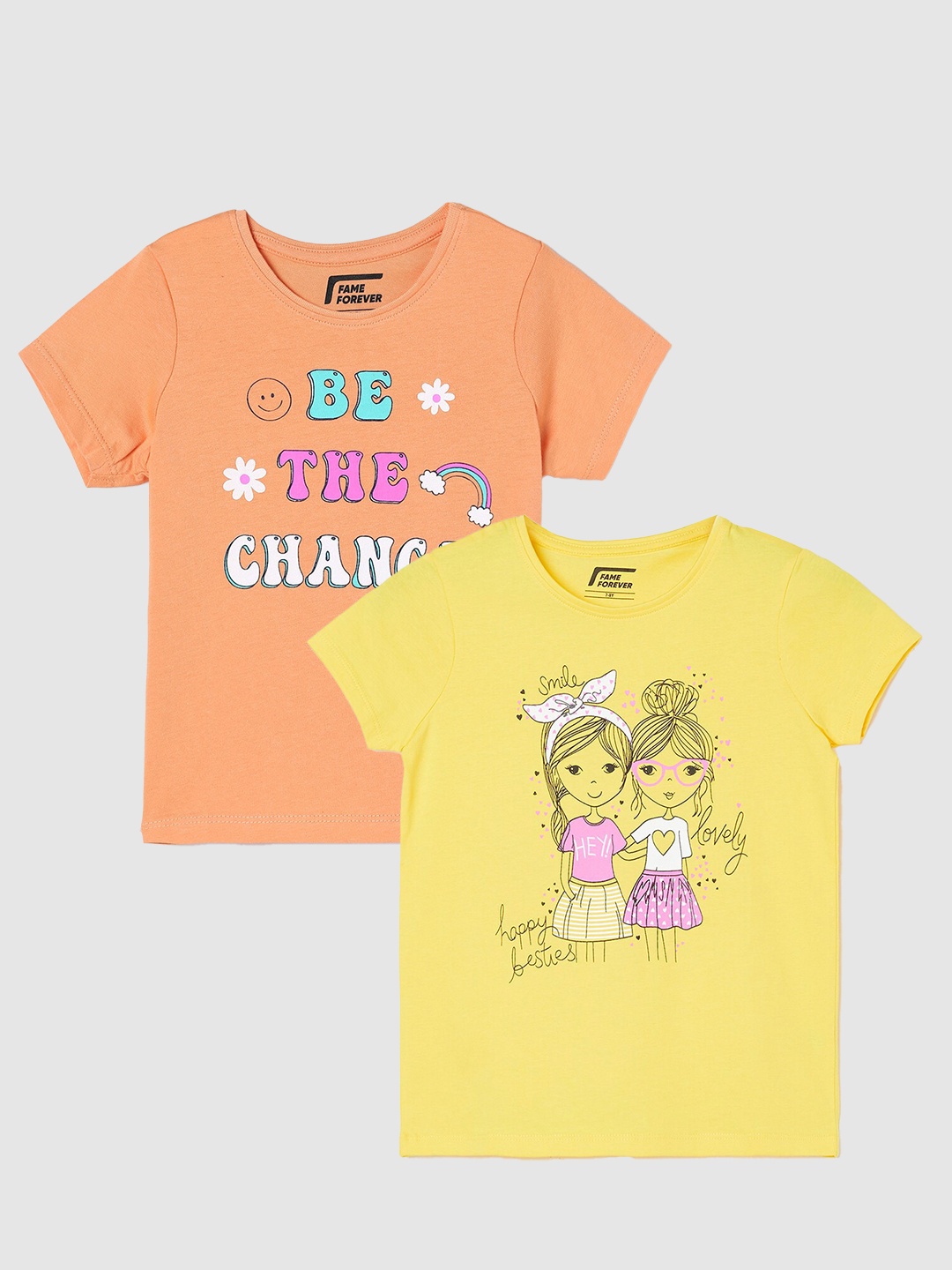 

Fame Forever by Lifestyle Girls Pack Of 2 Printed Cotton T-Shirts, Orange