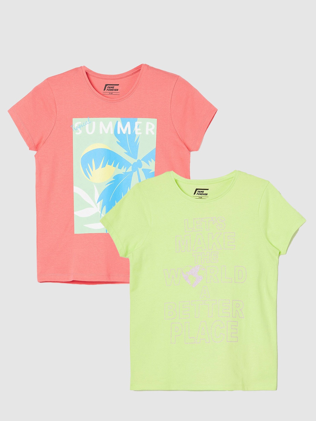 

Fame Forever by Lifestyle Girls Pack Of 2 Printed Pure Cotton T-Shirts, Coral