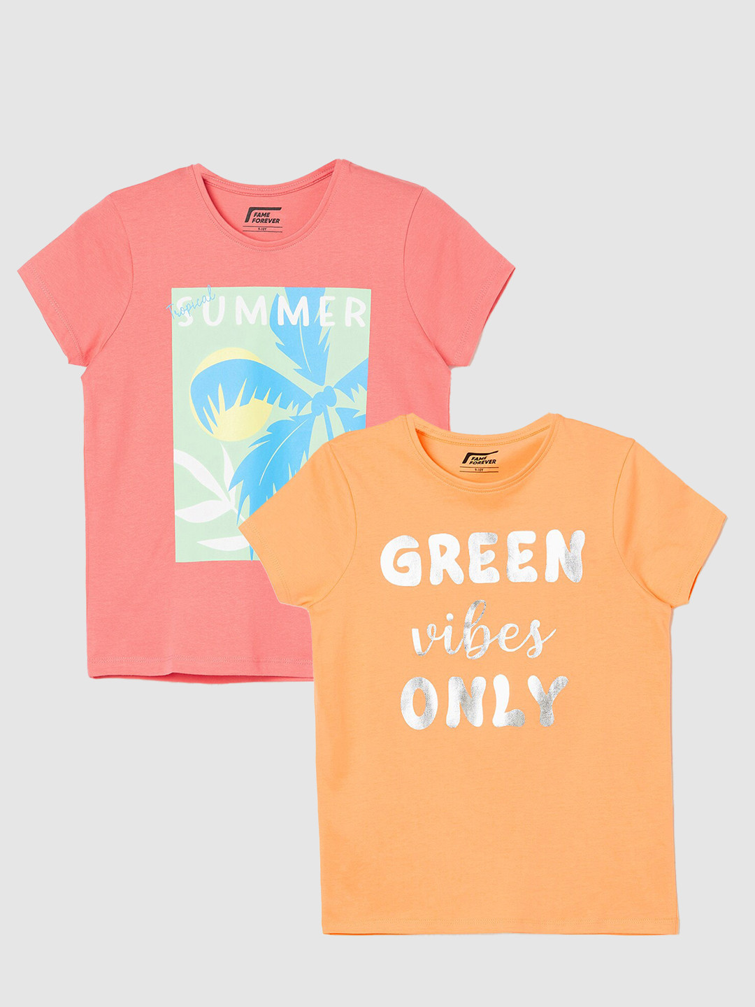 

Fame Forever by Lifestyle Girls Pack Of 2 Printed Pure Cotton T-Shirts, Coral