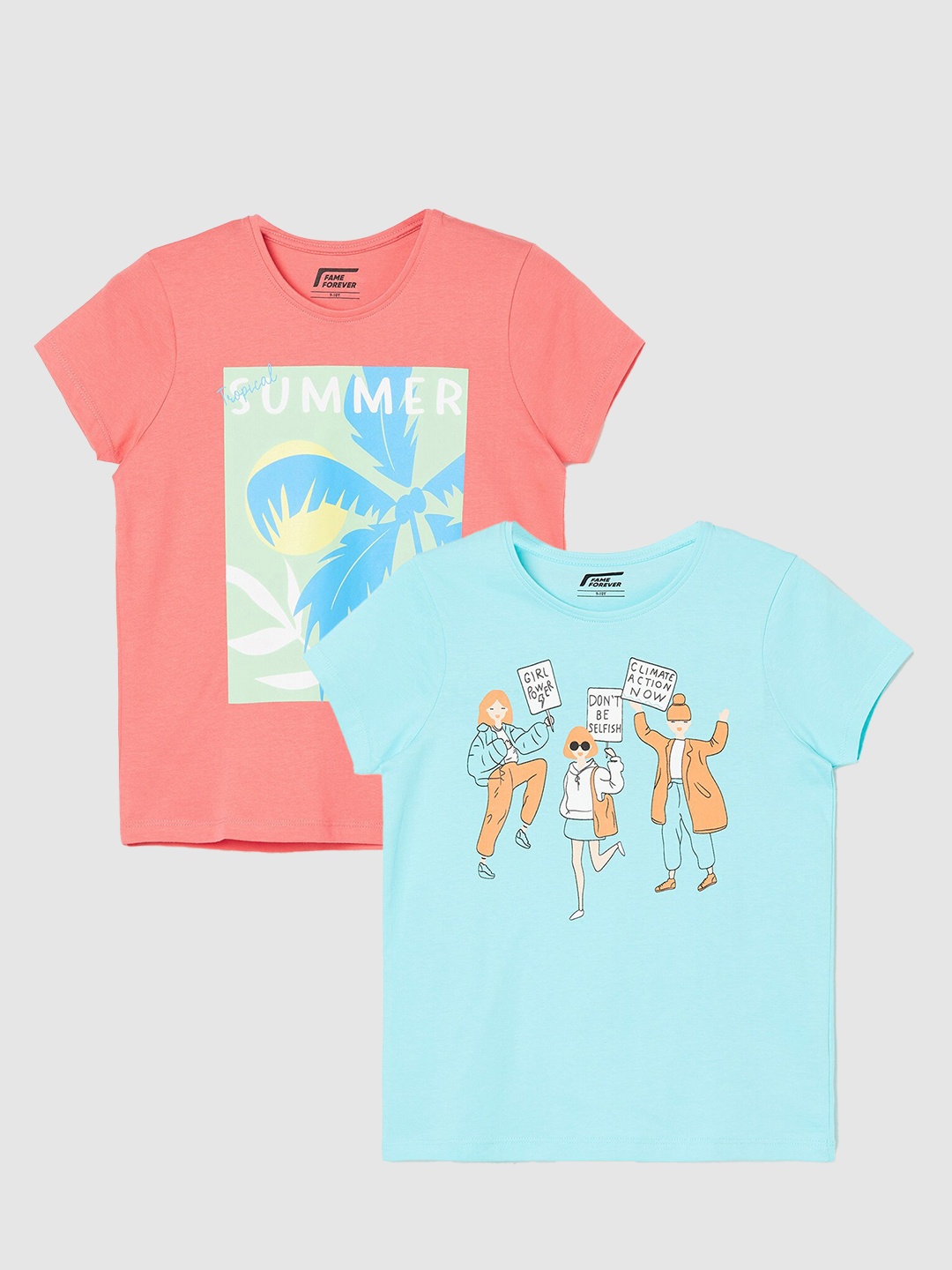 

Fame Forever by Lifestyle Girls Pack Of 2 Printed Pure Cotton T-Shirts, Coral
