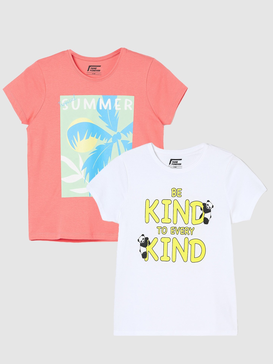 

Fame Forever by Lifestyle Girls Pack Of 2 Printed Pure Cotton T-Shirts, Coral