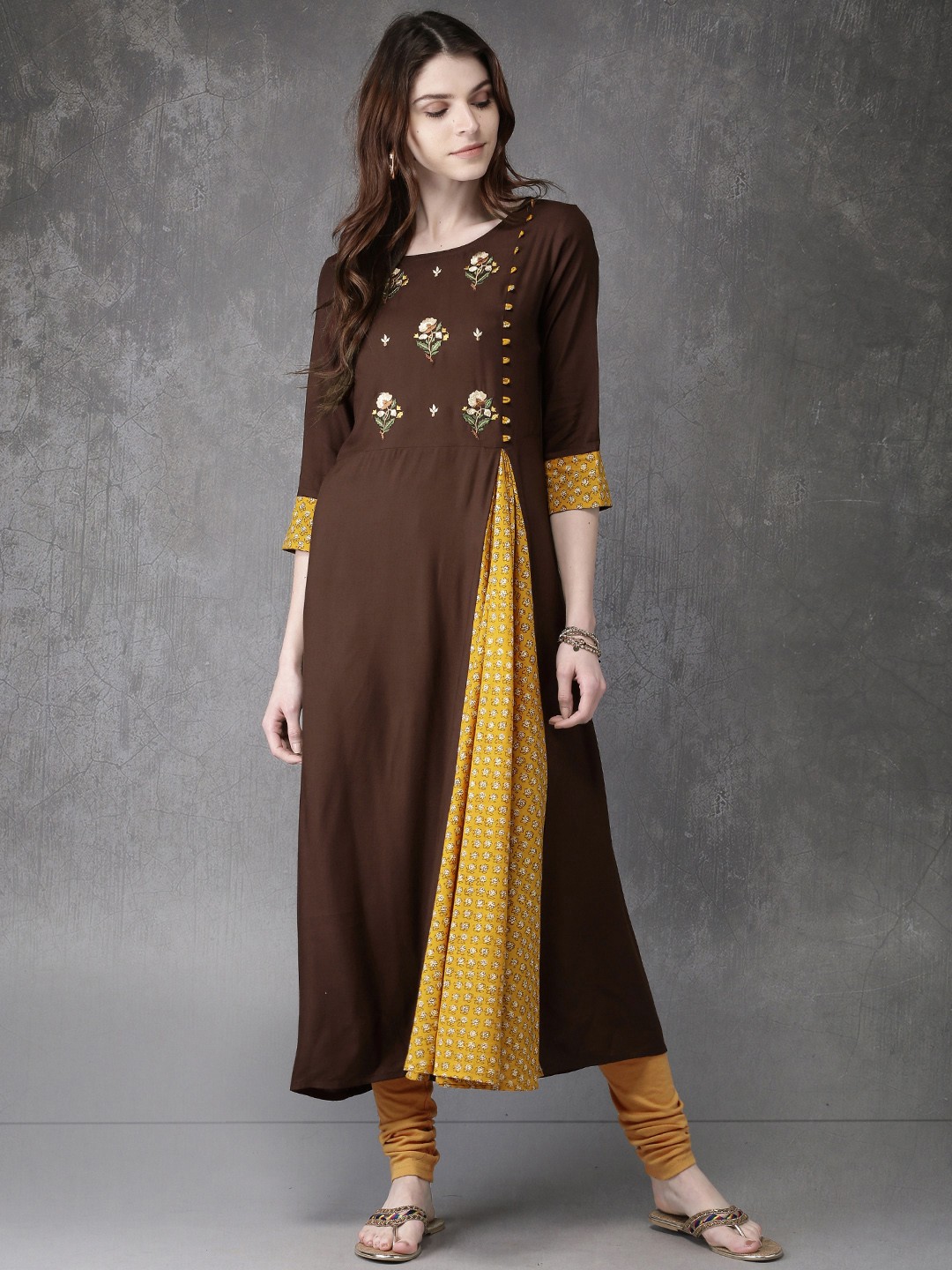 

Anouk Women Brown & Yellow Printed A-Line Kurta