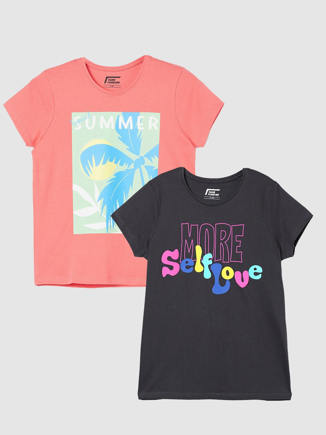 

Fame Forever by Lifestyle Girls Pack Of 2 Printed Cotton T-Shirts, Coral
