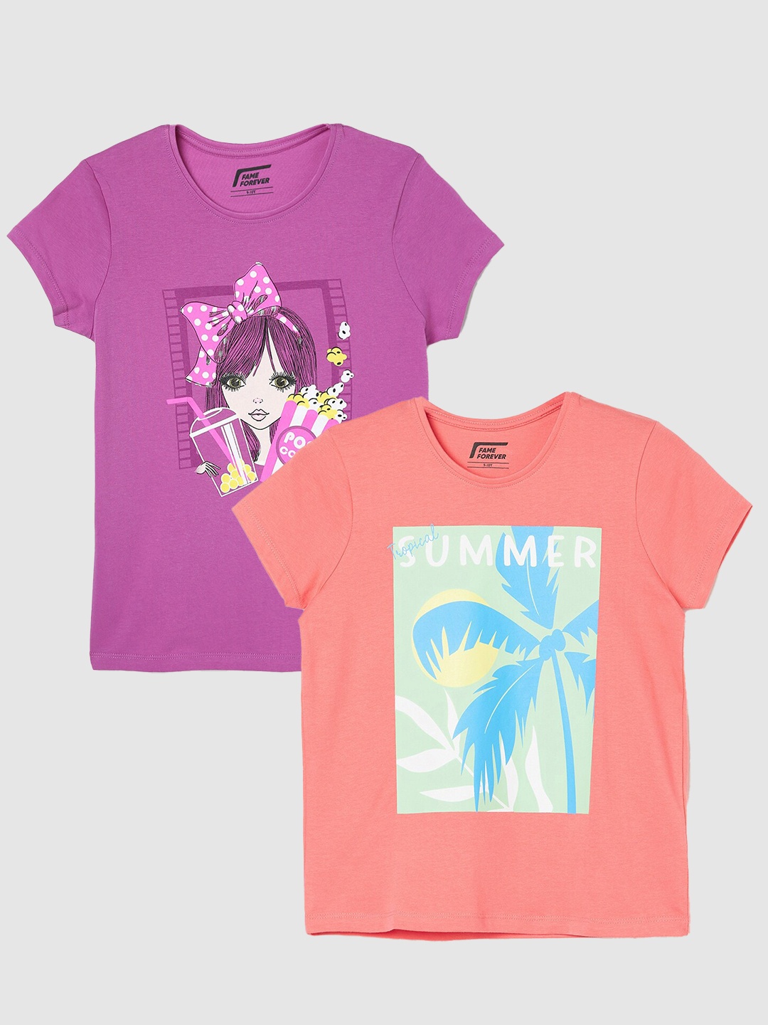 

Fame Forever by Lifestyle Girls Pack Of 2 Printed Pure Cotton T-Shirts, Pink