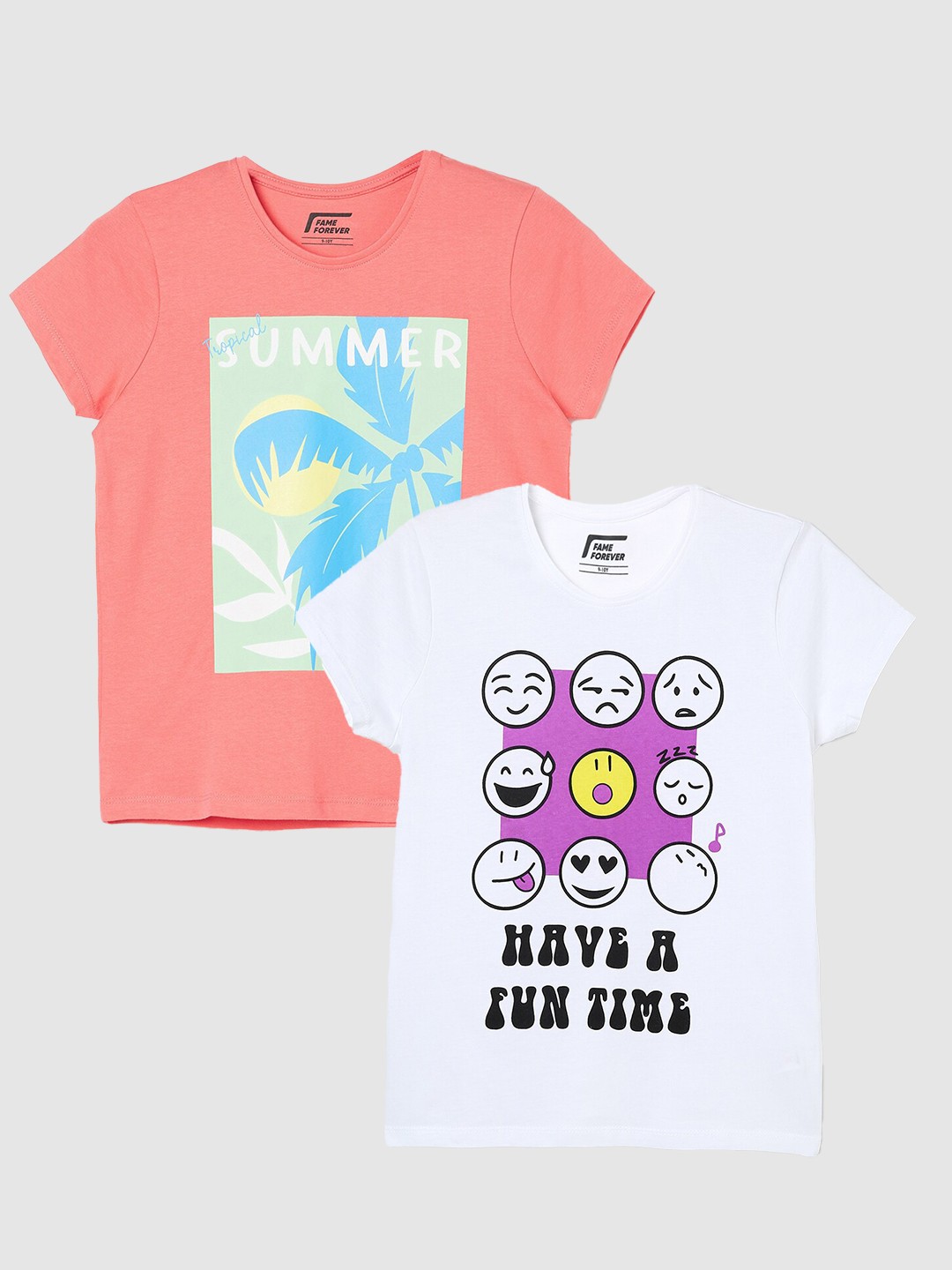 

Fame Forever by Lifestyle Girls Pack Of 2 Printed Pure Cotton T-Shirts, Coral