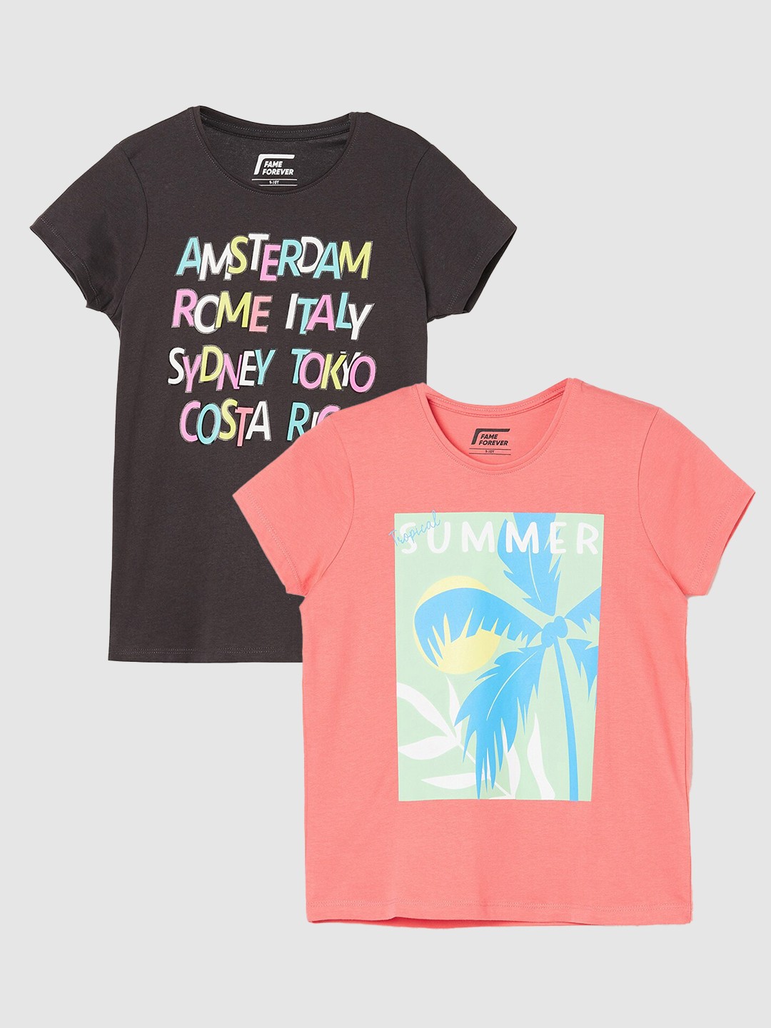 

Fame Forever by Lifestyle Girls Pack Of 2 Printed Cotton T-Shirts, Charcoal