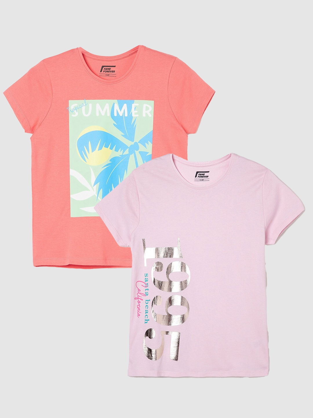 

Fame Forever by Lifestyle Girls Pack Of 2 Printed Cotton T-Shirts, Coral
