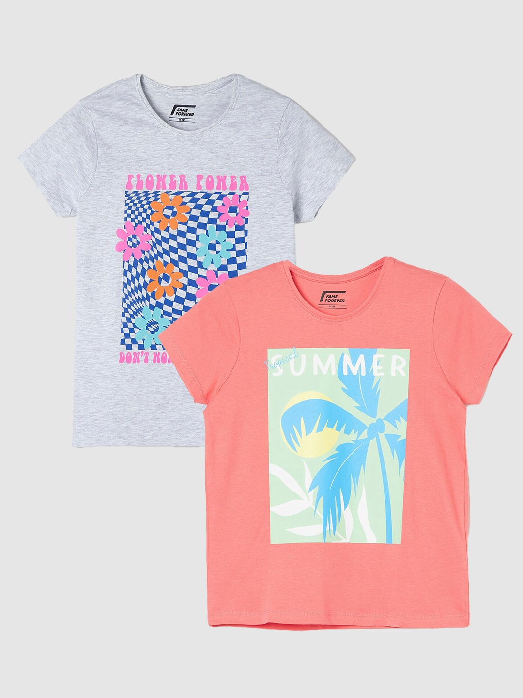

Fame Forever by Lifestyle Girls Pack Of 2 Printed Pure Cotton T-Shirts, Grey