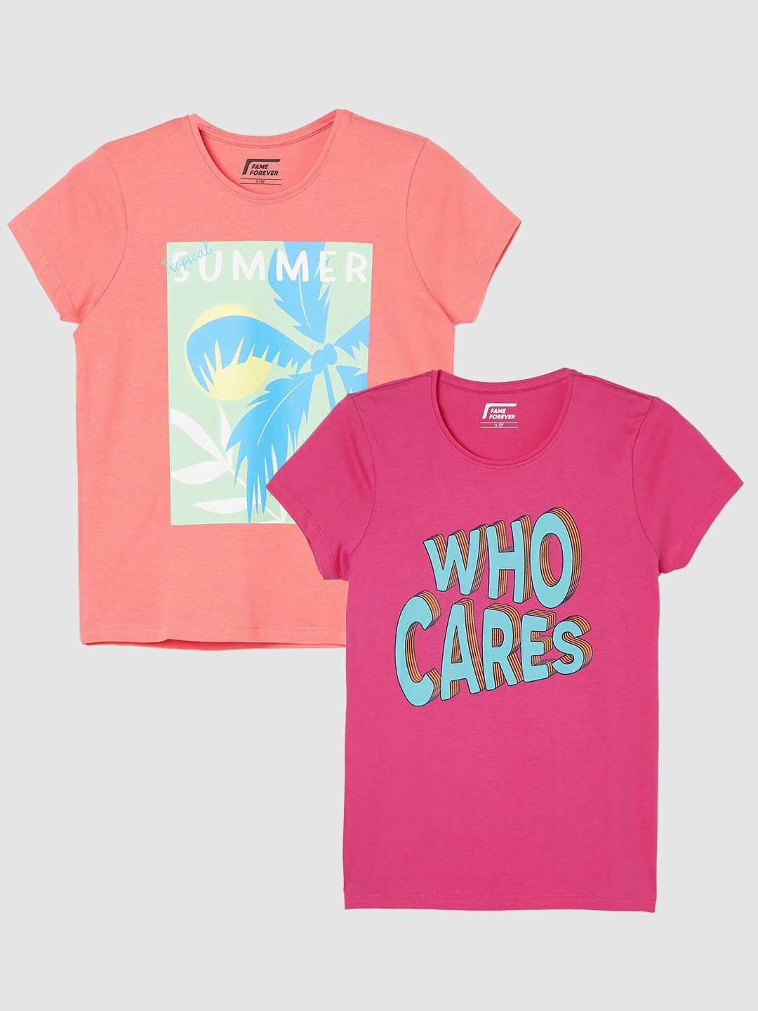 

Fame Forever by Lifestyle Girls Pack Of 2 Printed Cotton T-Shirts, Coral
