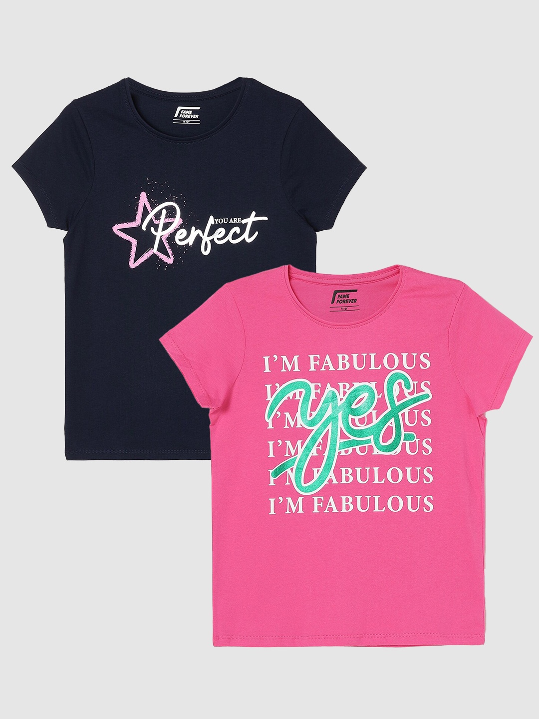 

Fame Forever by Lifestyle Girls Pack Of 2 Printed Pure Cotton T-Shirts, Navy blue
