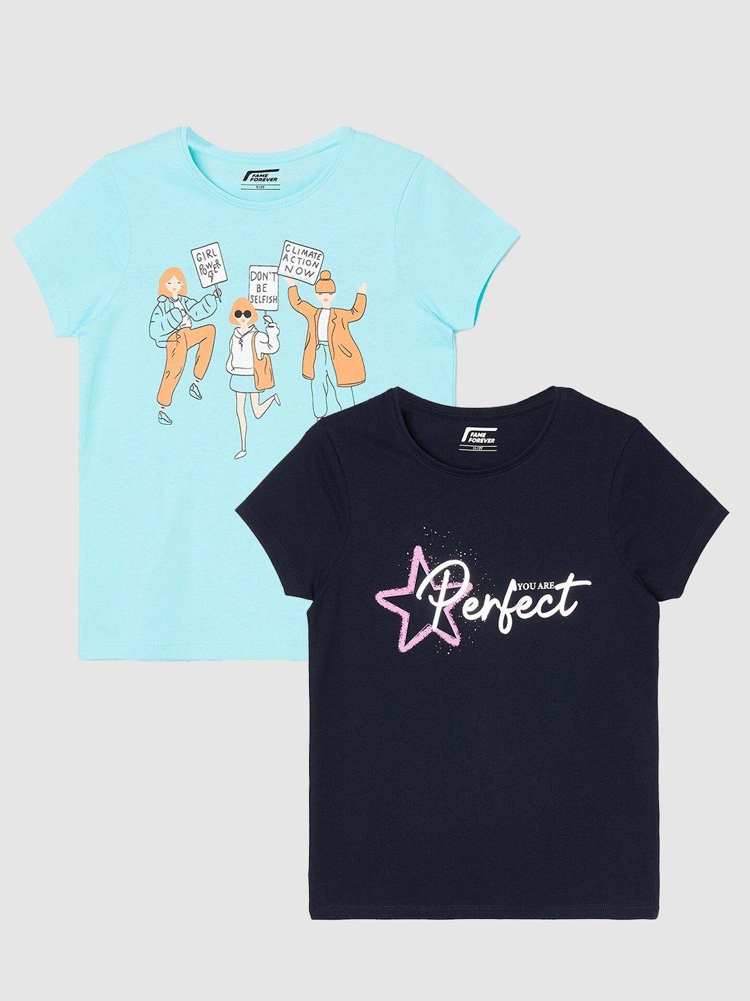 

Fame Forever by Lifestyle Girls Pack Of 2 Printed Pure Cotton T-Shirts, Blue