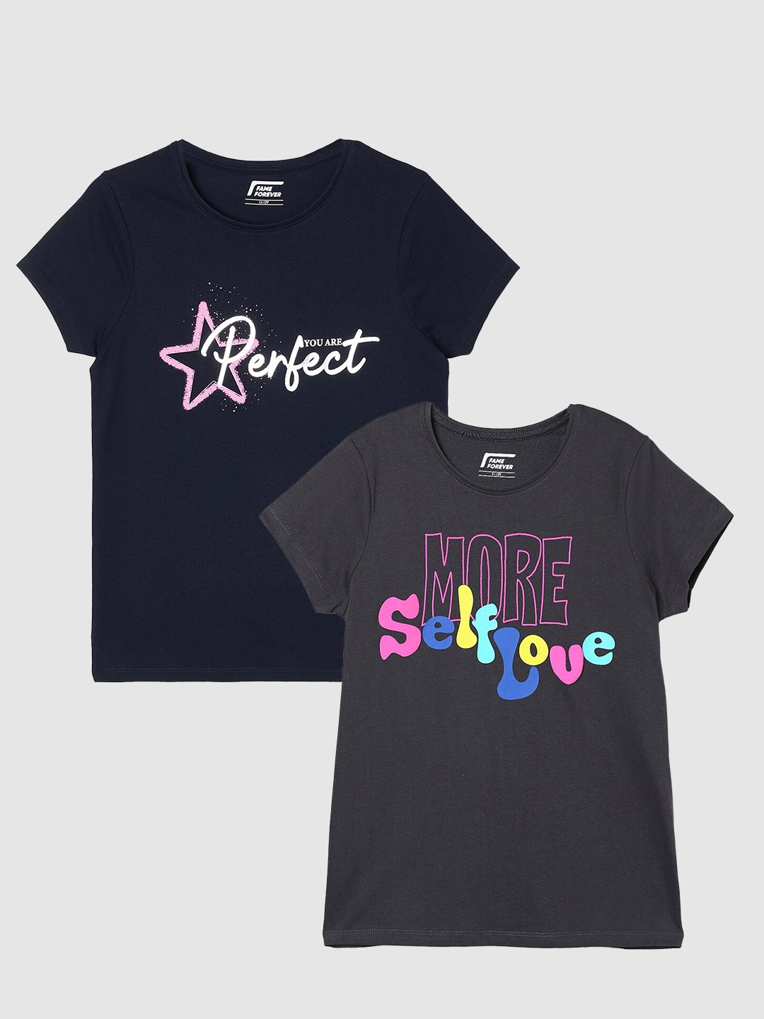 

Fame Forever by Lifestyle Girls Pack Of 2 Printed Cotton T-Shirts, Navy blue