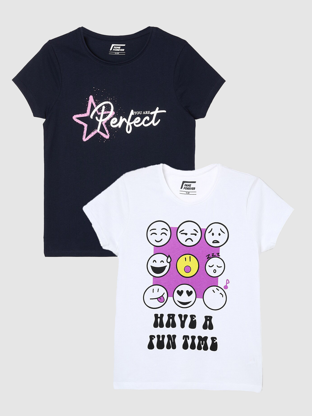 

Fame Forever by Lifestyle Girls Pack Of 2 Printed Pure Cotton T-Shirts, Navy blue