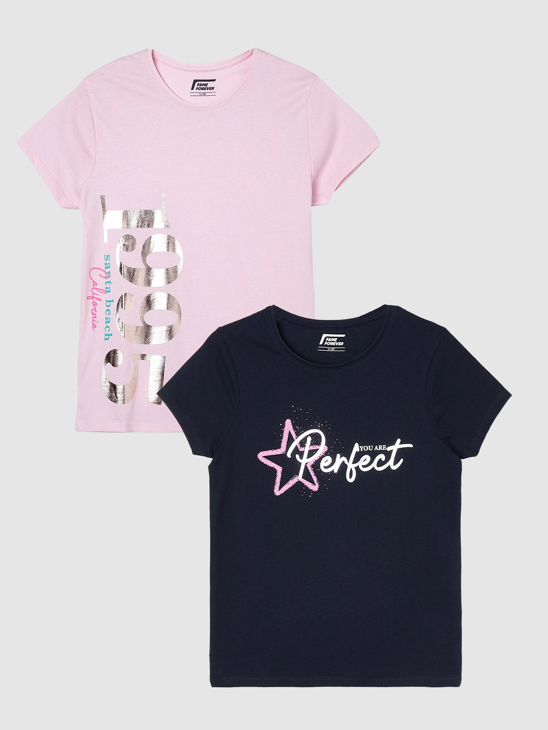 

Fame Forever by Lifestyle Girls Pack Of 2 Printed Cotton T-Shirts, Navy blue