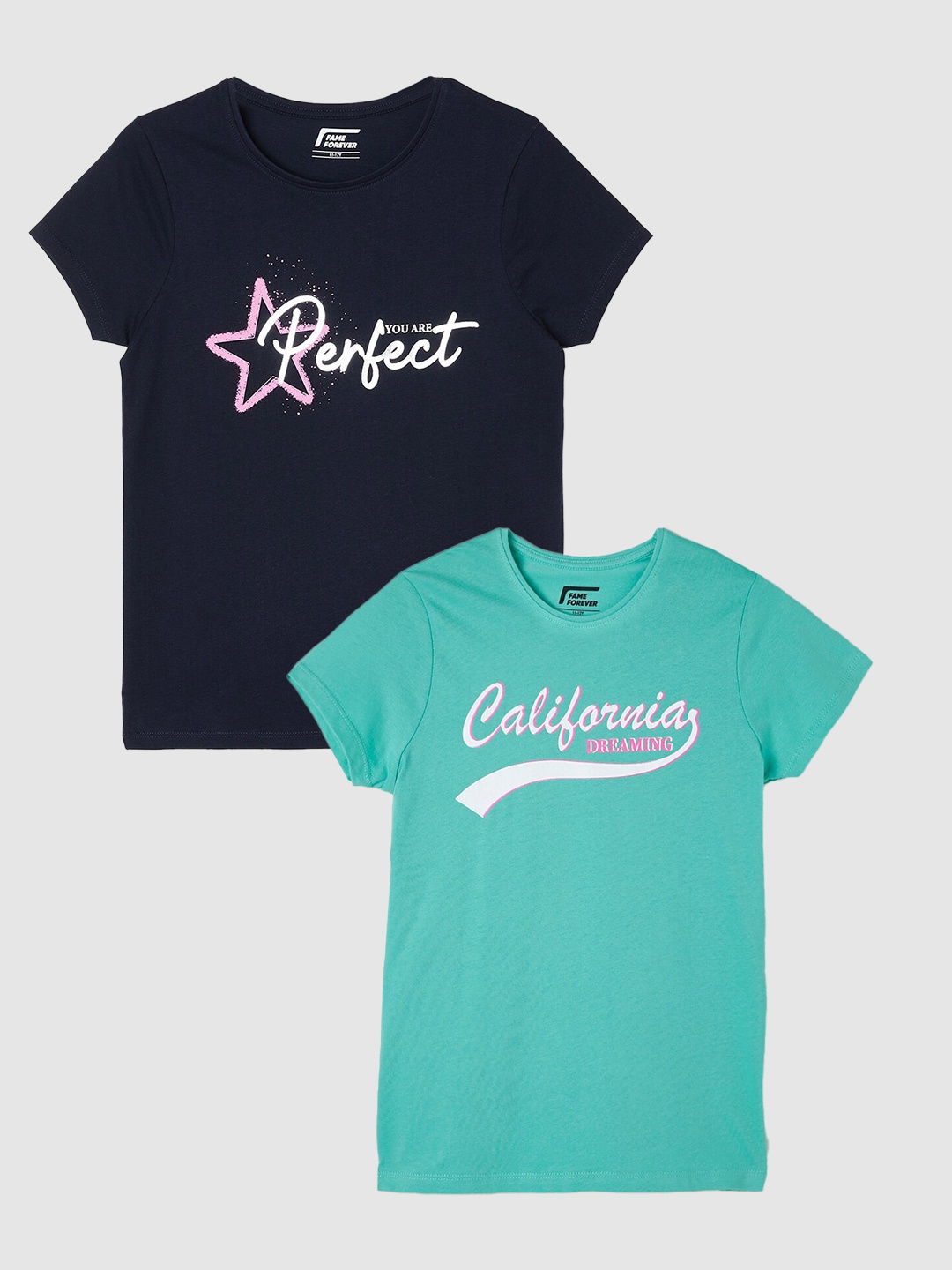 

Fame Forever by Lifestyle Girls Pack Of 2 Printed Cotton T-Shirts, Green