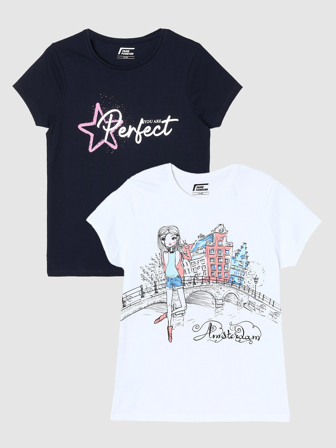 

Fame Forever by Lifestyle Girls Pack Of 2 Printed Pure Cotton T-Shirts, Navy blue