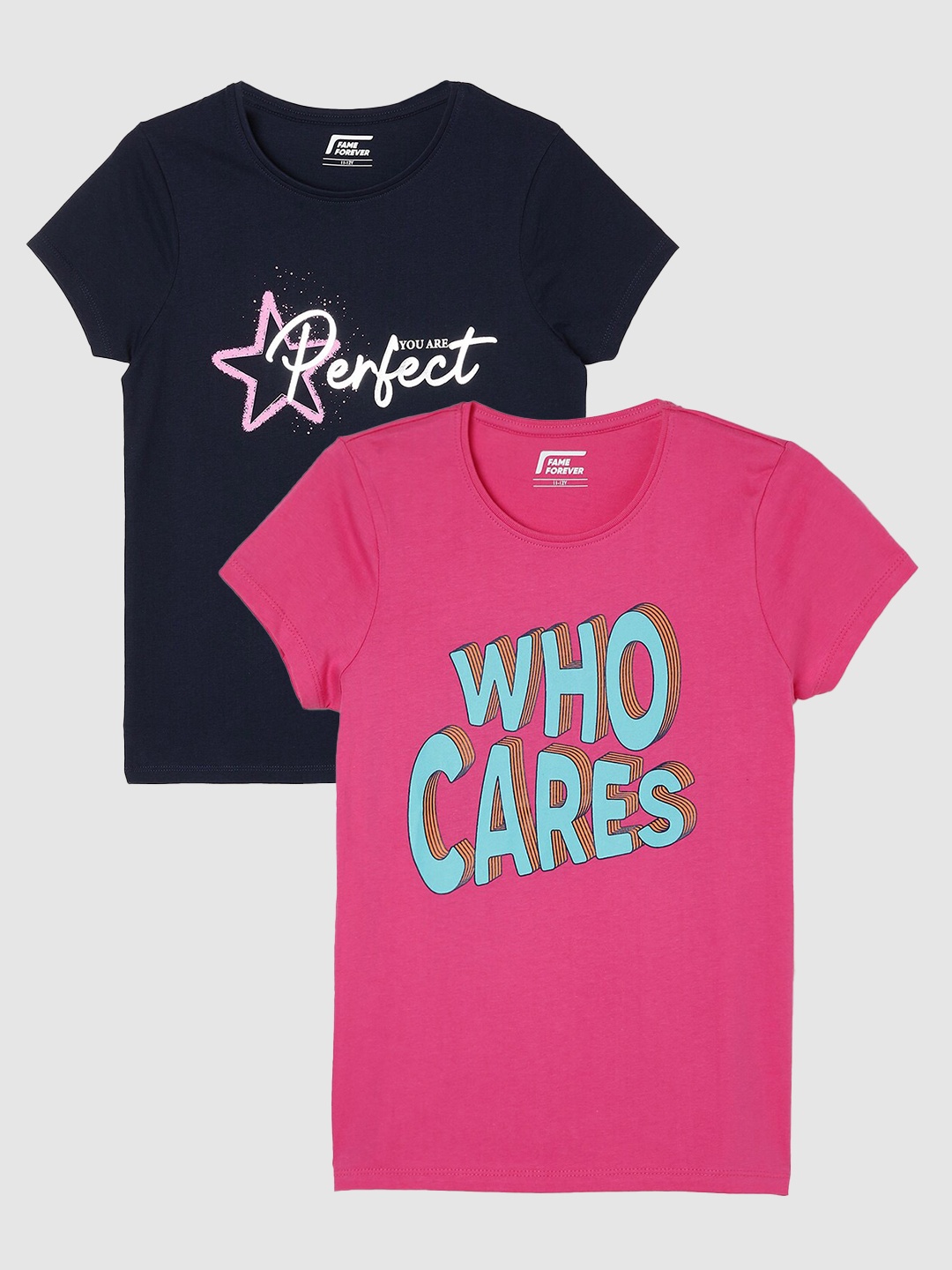 

Fame Forever by Lifestyle Girls Pack Of 2 Printed Cotton T-Shirts, Navy blue
