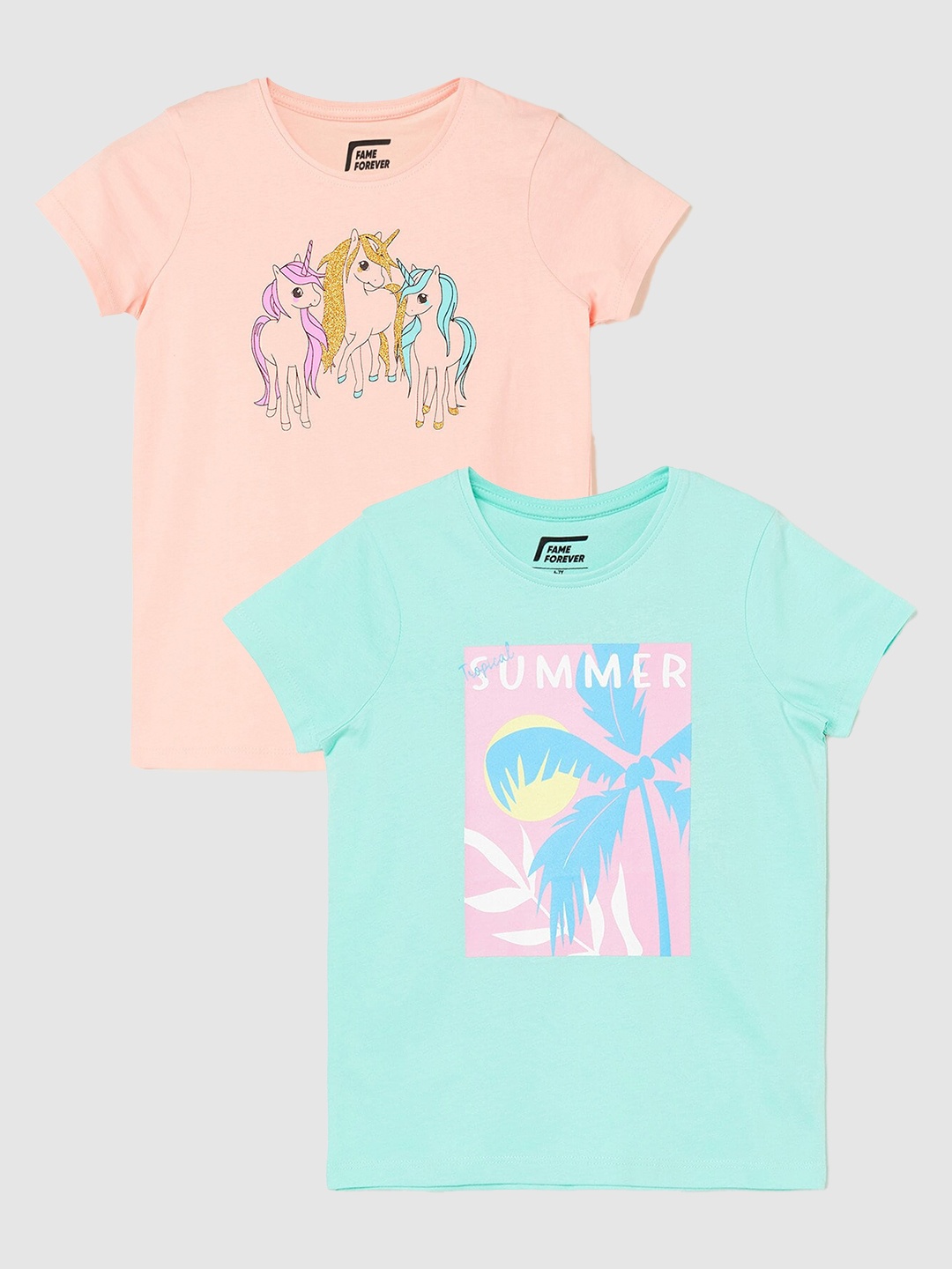 

Fame Forever by Lifestyle Girls Pack Of 2 Printed Cotton T-Shirt, Sea green