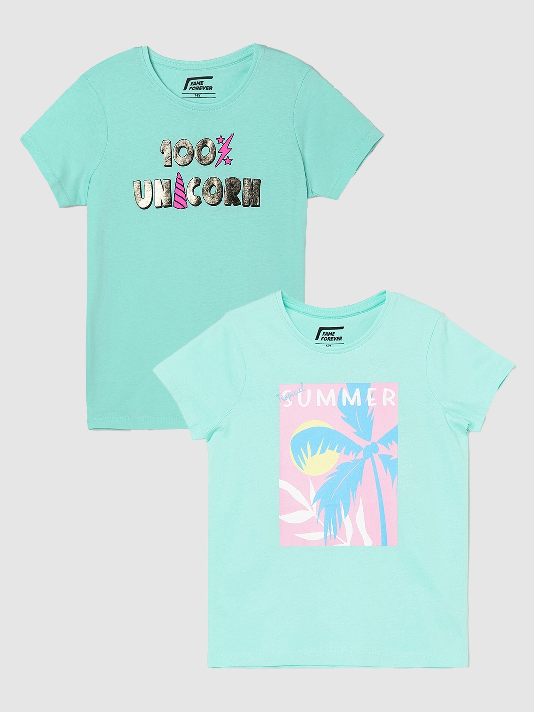 

Fame Forever by Lifestyle Girls Pack Of 2 Printed Cotton T-Shirt, Sea green