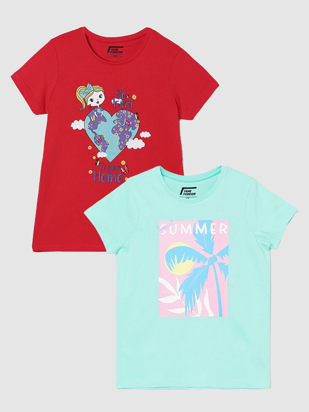

Fame Forever by Lifestyle Girls Pack Of 2 Printed Cotton T-Shirt, Sea green
