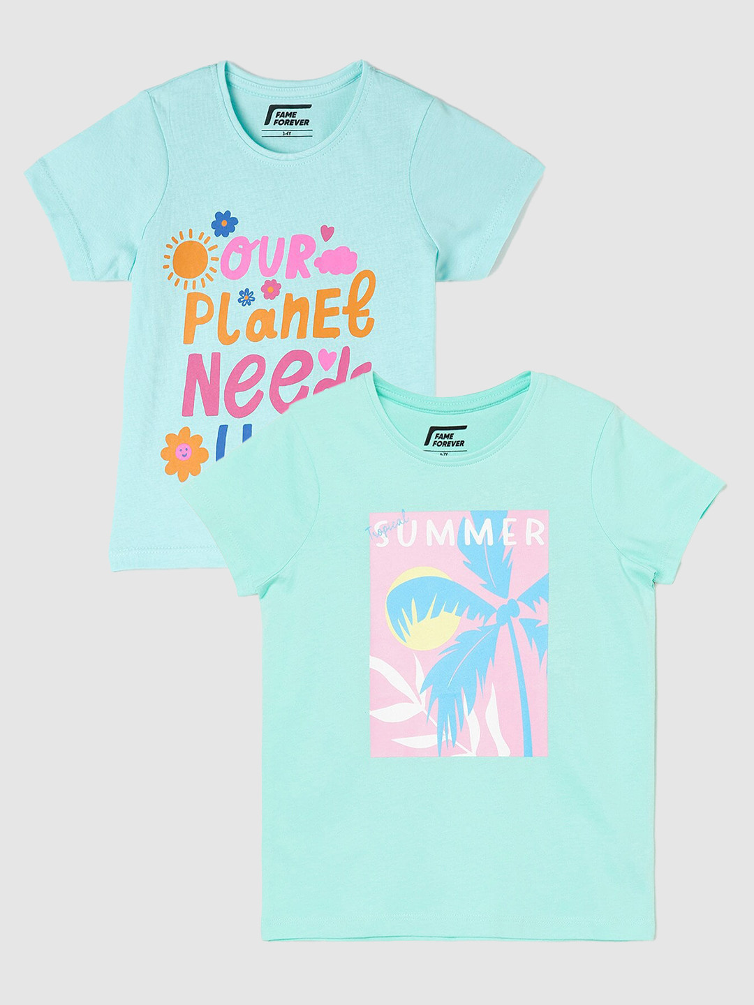 

Fame Forever by Lifestyle Girls Pack Of 2 Printed Cotton T-Shirt, Sea green