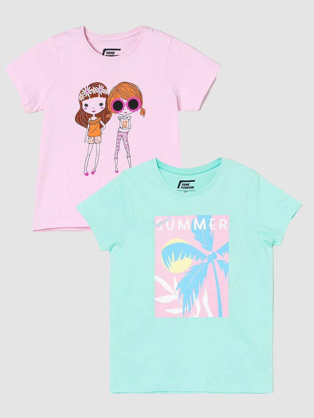 

Fame Forever by Lifestyle Girls Pack Of 2 Printed Cotton T-Shirt, Sea green