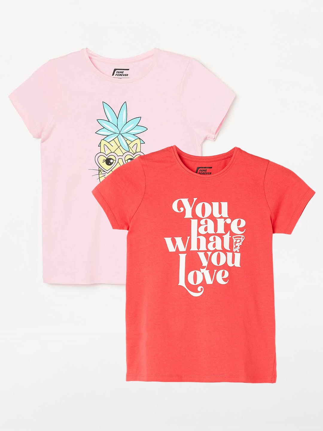 

Fame Forever by Lifestyle Girls Pack Of 2 Printed Cotton T-shirts, Coral