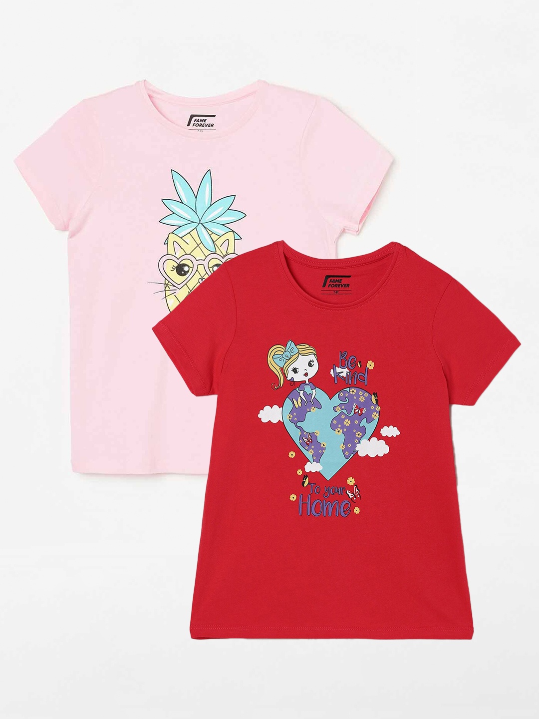 

Fame Forever by Lifestyle Girls Pack Of 2 Printed Cotton T-shirts, Coral