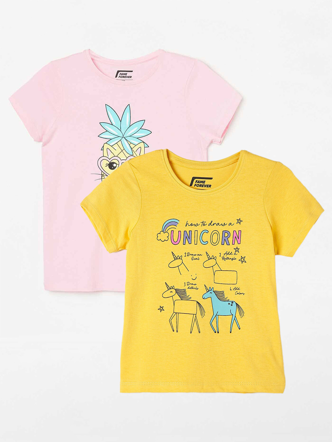 

Fame Forever by Lifestyle Girls Pack Of 2 Printed Cotton T-shirts, Yellow