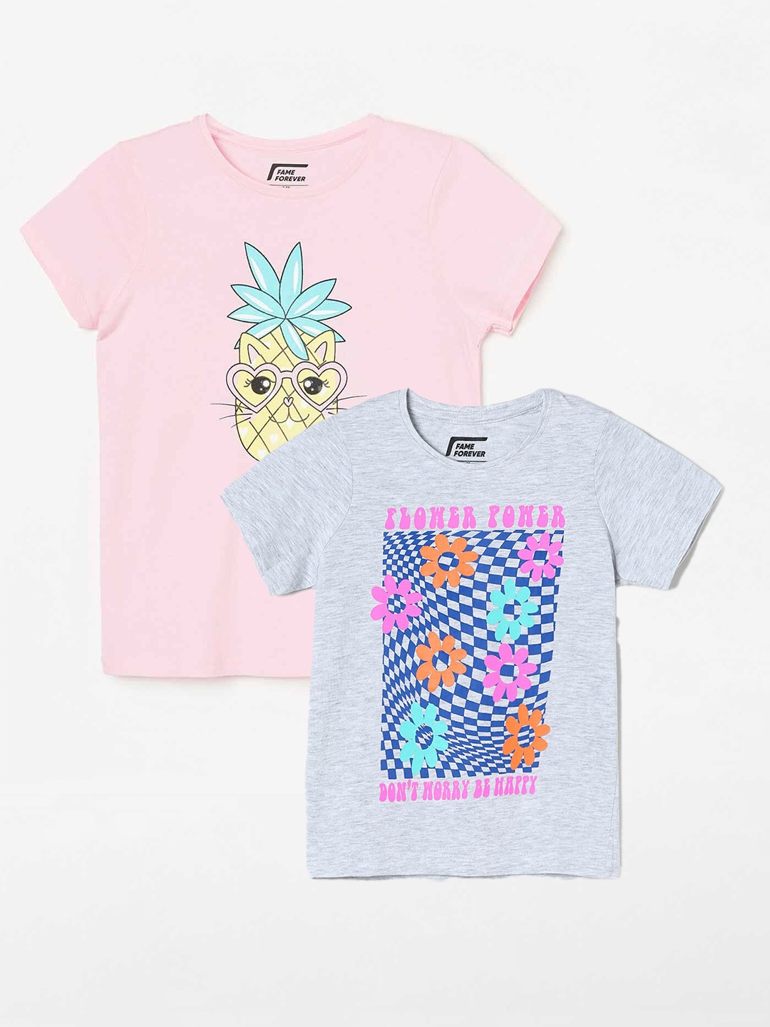 

Fame Forever by Lifestyle Girls Pack Of 2 Printed Cotton T-shirts, Grey