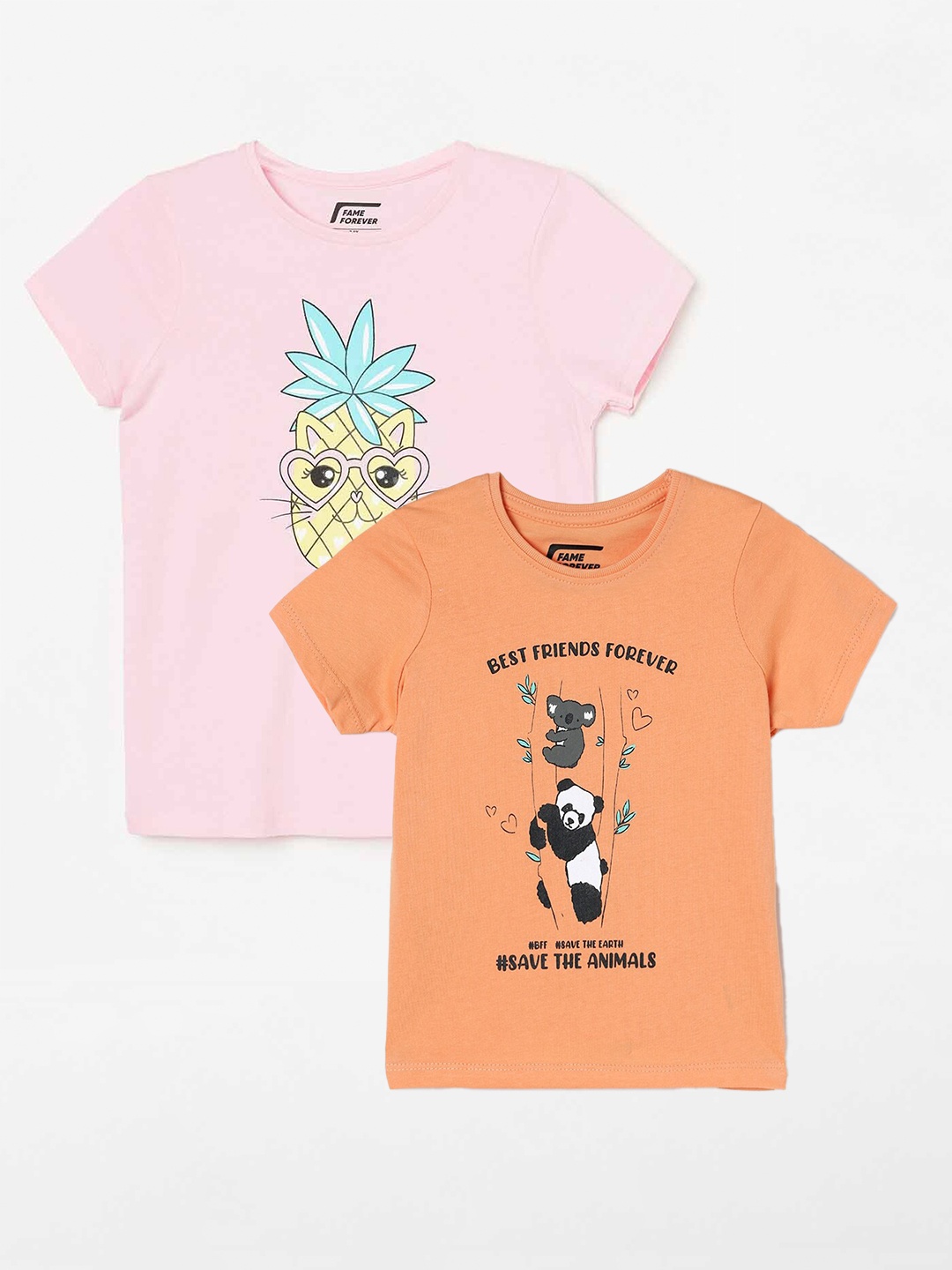 

Fame Forever by Lifestyle Girls Pack Of 2 Printed Cotton T-shirts, Orange