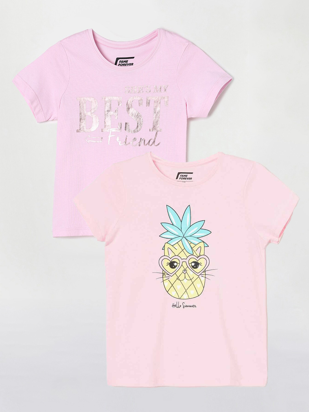 

Fame Forever by Lifestyle Girls Pack Of 2 Printed Cotton T-shirts, Pink